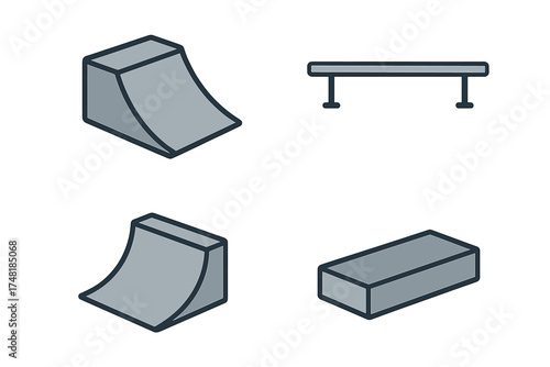 Isometric collection of skate park obstacles including ramps, ledges, and flat bar rail