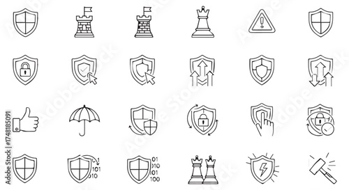 Assortment of security and protection related icons with a sketchy, handdrawn aesthetic, isolated on transparent background