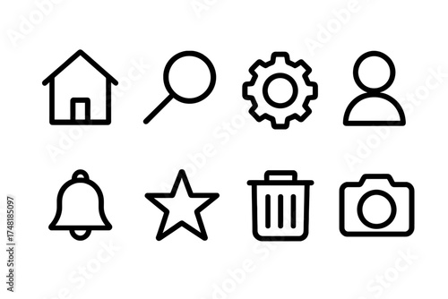 Essential outline icons for web and mobile application interfaces including home search and settings