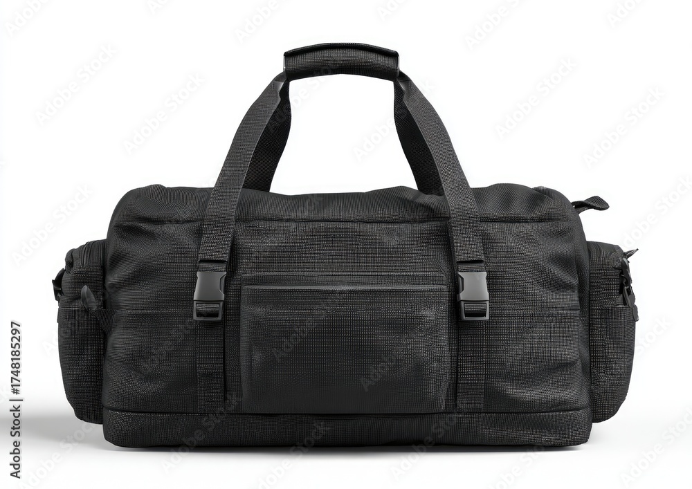 Naklejka premium A black duffel bag, featuring multiple pockets and straps, is presented on a plain white background