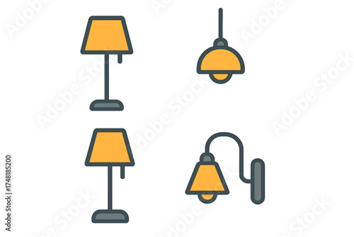 Set of four home lighting fixtures including table lamps, pendant lights, and wall sconces