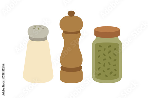 Glass salt shaker, wooden pepper grinder, and jar of dried herbs seasoning set