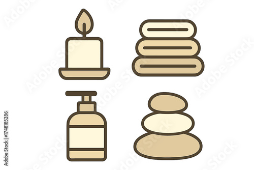Spa and relaxation elements including candle, stacked towels, lotion bottle, and massage stones