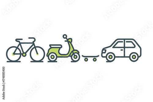 Bicycle scooter skateboard and small car representing personal urban mobility transport