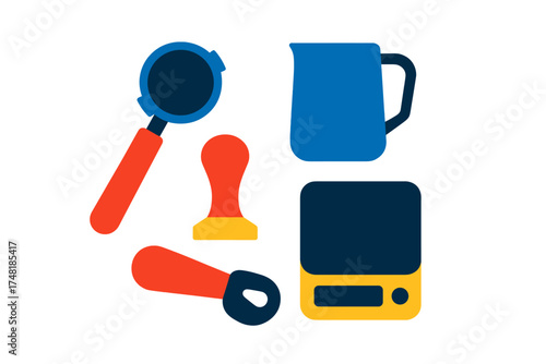 Essential barista tools including portafilter tamper milk pitcher and digital scale flat design