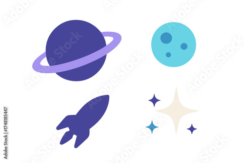 Colorful space elements featuring a ringed planet, moon, rocket ship, and sparkling stars