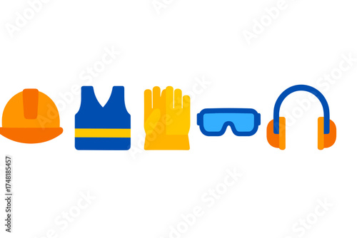 Essential personal protective equipment set including hard hat safety vest gloves and goggles