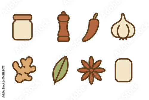 Simple outline set of cooking spices and seasonings including garlic ginger chili and star anise