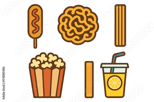 Classic fairground and cinema snacks set including corn dog, twisted pretzel, popcorn, and refreshing drink
