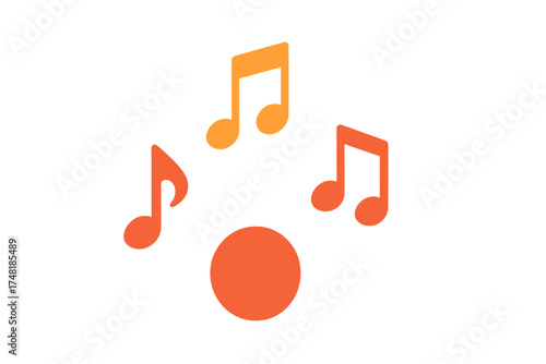 Vibrant orange and yellow musical notes floating above a sound circle graphic element