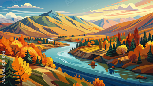 Very beautiful panoramic view across the Yakima River and Kittitas County landscape in fall, vector-style illustration showcasing warm colors, flowing water, and serene natural beauty.