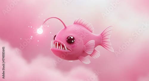 Pink cartoon anglerfish floating in a dreamy cloudscape