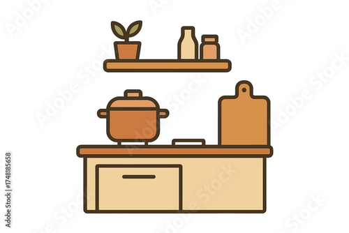 Modern kitchen counter setup featuring a cooking pot, wooden cutting board, and shelf with a potted plant