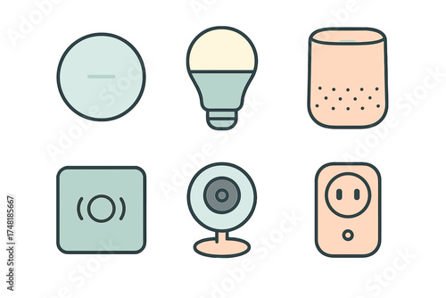 Modern smart home technology devices including light bulb speaker camera and plug