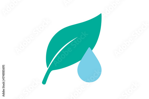 Simple minimalist graphic featuring a vibrant green leaf and a blue water drop symbolizing ecology and purity