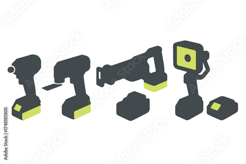 Collection of cordless power tools drill saw and work light rechargeable batteries