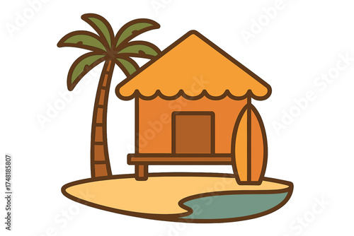 Small tropical beach hut with palm tree and surfboard on a sandy island patch