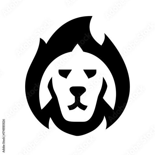 Lion head in flame, representing power and courage