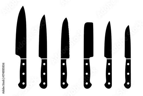 Collection of kitchen knife silhouettes including chef utility bread and cleaver blades for food preparation