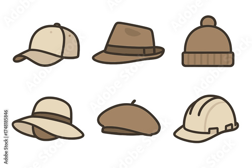 Set of diverse headwear types including cap, fedora, beanie, sun hat, beret, and hard hat