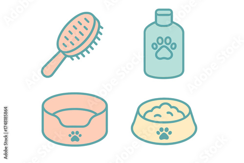 Set of four essential pet care items including grooming brush shampoo bottle bed and food bowl