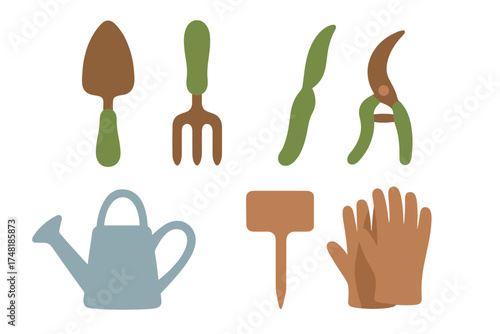 Essential gardening tools set including trowel fork shears watering can and gloves