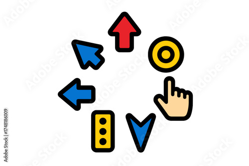 Digital interface symbols set with arrows, mouse pointers, and interactive hand cursor