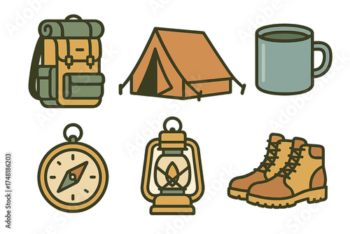 Outdoor adventure equipment featuring backpack tent mug compass lantern and hiking boots
