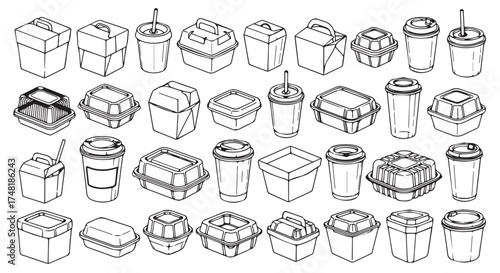 Assortment of isometric line drawing icons for food and drink containers isolated on transparent background