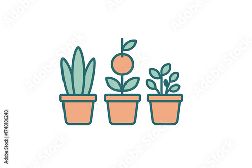 Minimalist set of three stylized potted houseplants and a small fruit tree graphic element