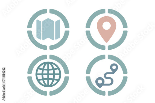 Four essential navigation and location icons: map, GPS pin, global network, and route tracking symbols