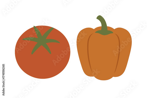 Ripe red tomato and orange bell pepper isolated on white background in minimalist style