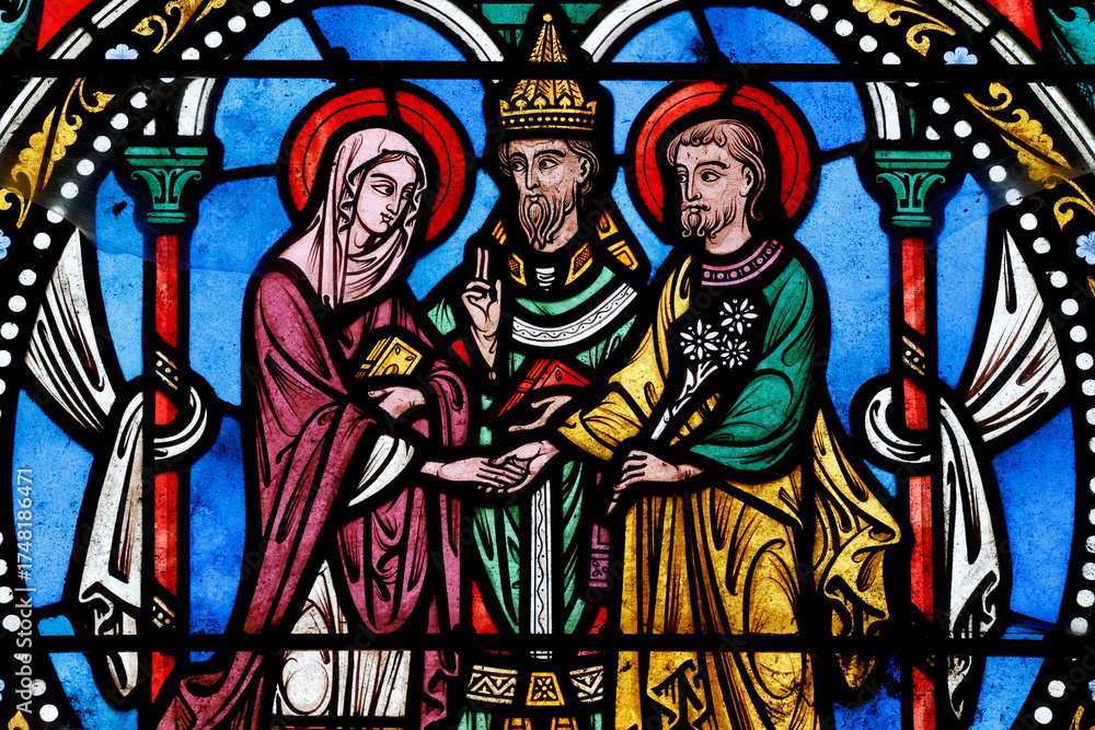 Fototapeta premium Collegiate Church of Saint Peter. Stained glass. The Marriage of the Virgin with Joseph. Le Dorat. France.