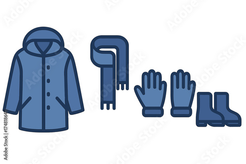 Essential winter outerwear collection with hooded jacket, scarf, gloves, and boots