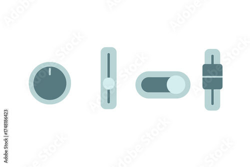 Modern user interface controls set featuring rotary knob, vertical slider, toggle switch, and fader elements