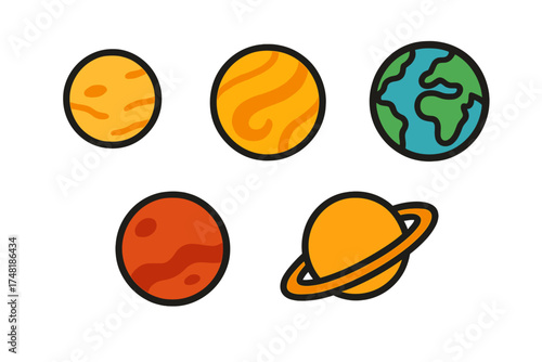 Colorful stylized icons representing planets of the solar system