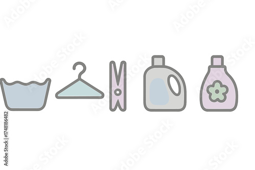 Set of laundry care icons: washing basin, hanger, clothespin, detergent, and softener bottles