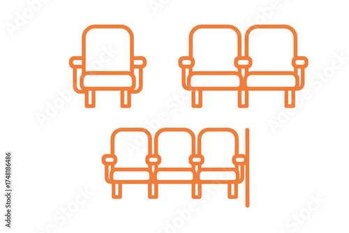 Minimalist orange line symbols for single double and triple public seating arrangements