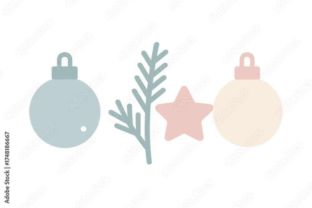 Obraz premium Simple festive arrangement of holiday ornaments including baubles, star, and evergreen branch in gentle colors
