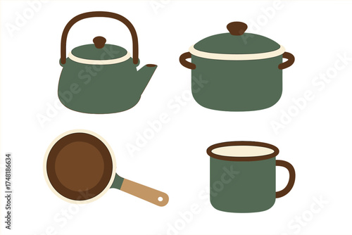 Vintage camping kitchen equipment set with kettle, cooking pot, frying pan, and enamel mug