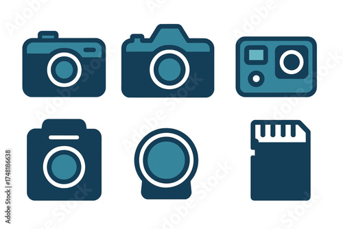 Modern collection of photography devices including digital cameras, action camera, lens, and memory card symbols