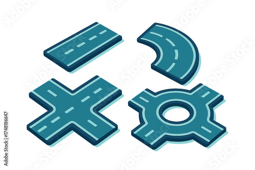 Isometric road construction segments set featuring straight curve intersection and traffic circle layout