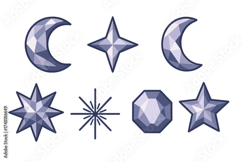 Set of faceted celestial and geometric shapes featuring crystal texture and rendered in purple and silver tones