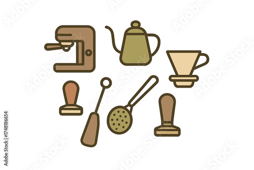 Collection of essential coffee brewing equipment including espresso machine, kettle, pour-over dripper, and tampers