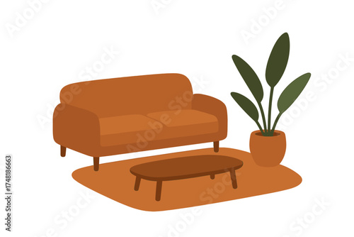 Modern interior design of a comfortable living room with sofa coffee table and potted houseplant