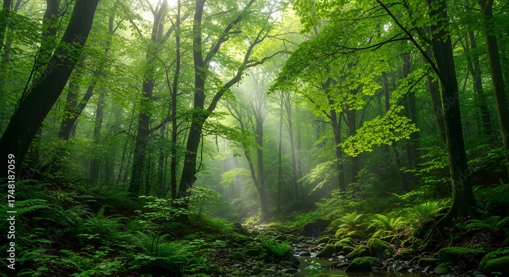 Fototapeta premium Beautiful green forest landscape with sunlight shining through trees nature photography scenery view .