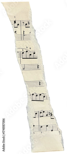 PNG vintage torn paper strip of sheet music with musical notes.