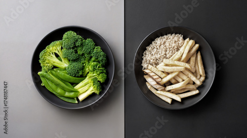Healthy vs unhealthy food in black bowls, minimal concept 