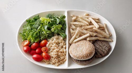 Balanced diet concept with burger and vegetables on white plate 