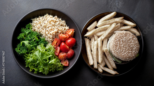 Healthy vs unhealthy food in black bowls, minimal concept 